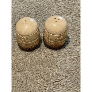 Vintage stoneware salt‎ and pepper shakers cream brown 3"